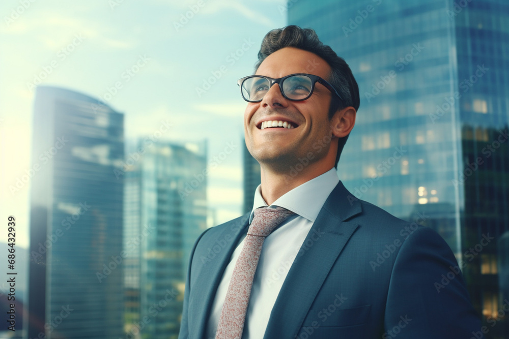 The portrait of a smiling businessman rising head up and looking at the sky isolated on an office and cityscape with sunset lights background. Generative AI. The portrait of a smiling businessman rising head up and looking at the sky isolated on an office and cityscape with sunset lights background. Generative AI.