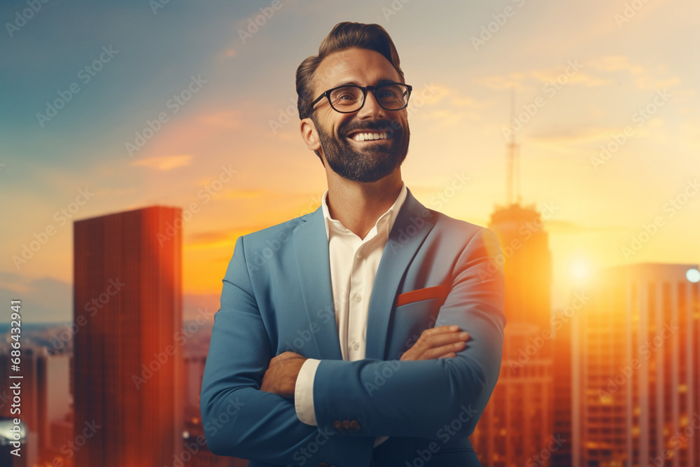 The portrait of a smiling businessman rising head up and looking at the sky isolated on an office and cityscape with sunset lights background. Generative AI.