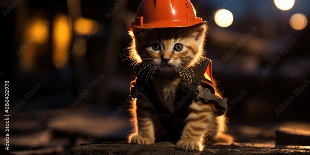 A kitten wearing a hard hat and harness. Generative AI.