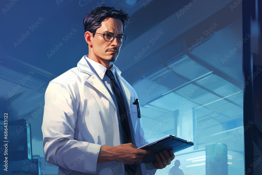 Fototapeta premium Side view oil painting illustration portrait art of a mature male doctor reading and writing on a medical document at an office hospital at night shift work. Generative AI.