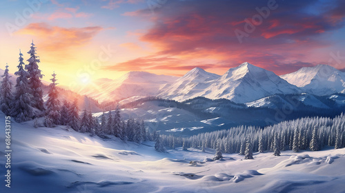 majestic sunrise in the winter mountains landscape