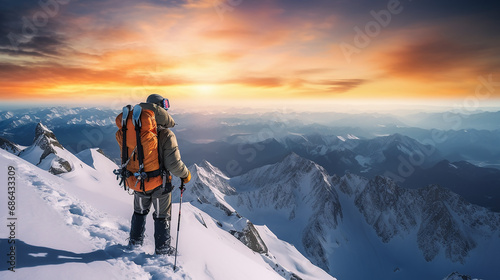 skier skiing downhill in high mountains with beautiful sunset view