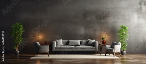 Minimalist design concept a dark studio room with a corner view featuring a sofa coffee table armchairs concrete and hardwood floors and a bar counter The space is meant to inspire creative 