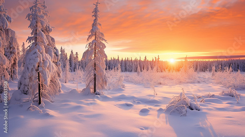 beautiful nature scene with snowy landscape at sunset frozen trees in winter
