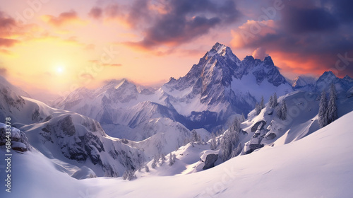 beautiful nature scene with sunset in winter landscape in mountains Julian Alps © Petruk