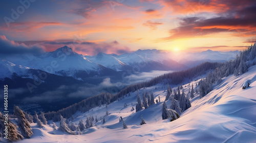 beautiful sunset scene in winter landscape in mountains Julian Alps photo