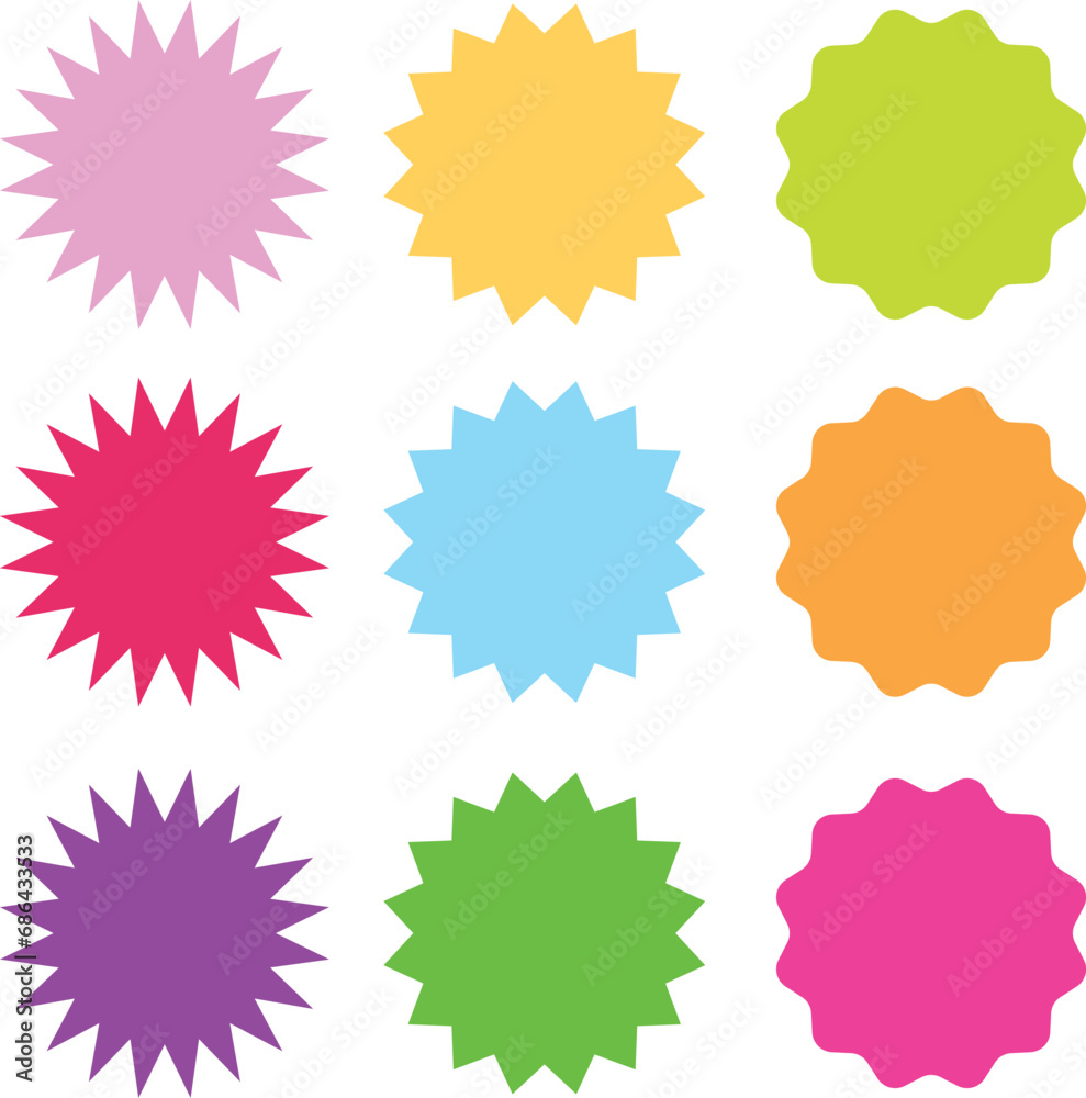 Colorful starburst sticker set. Pink, red, purple, light green, yellow, orange, green. Vector Illustration. - obrazy, fototapety, plakaty 