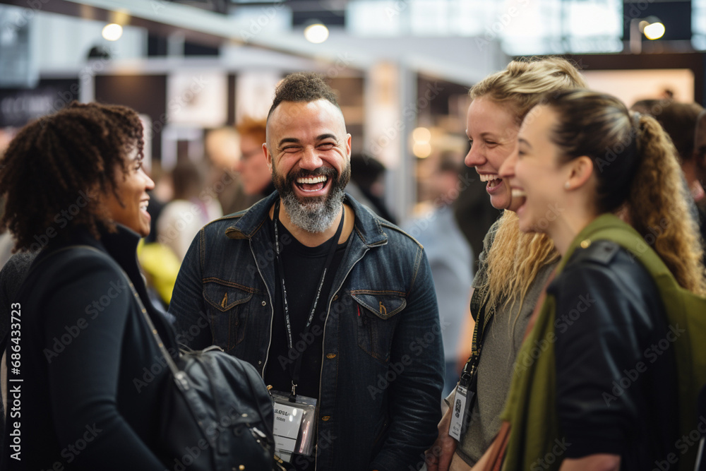 Close up picture of a happy and laughing staff or participant people group listening to a startup business owner at a trade show exhibition event. Generative AI. Close up picture of a happy and laughing staff or participant people group listening to a startup business owner at a trade show exhibition event. Generative AI.