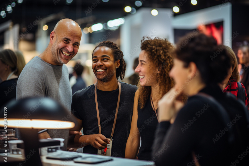 Close up picture of a happy and laughing staff or participant people group listening to a startup business owner at a trade show exhibition event. Generative AI. - obrazy, fototapety, plakaty 