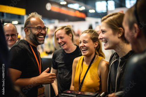 Close up picture of a happy and laughing staff or participant people group listening to a startup business owner at a trade show exhibition event. Generative AI. © Surachetsh