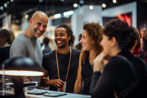 Close up picture of a happy and laughing staff or participant people group listening to a startup business owner at a trade show exhibition event. Generative AI. photo