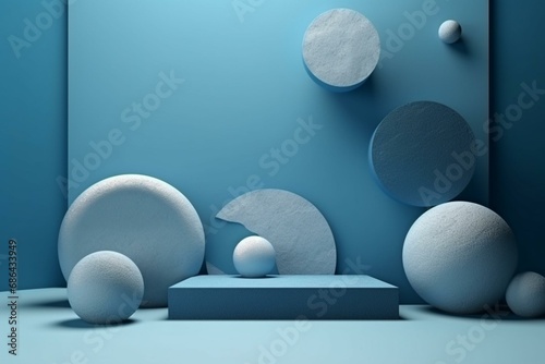 Abstract background with blue stone and rock shapes, minimalistic design for displaying podium or showcasing, rendered in 3D. Generative AI