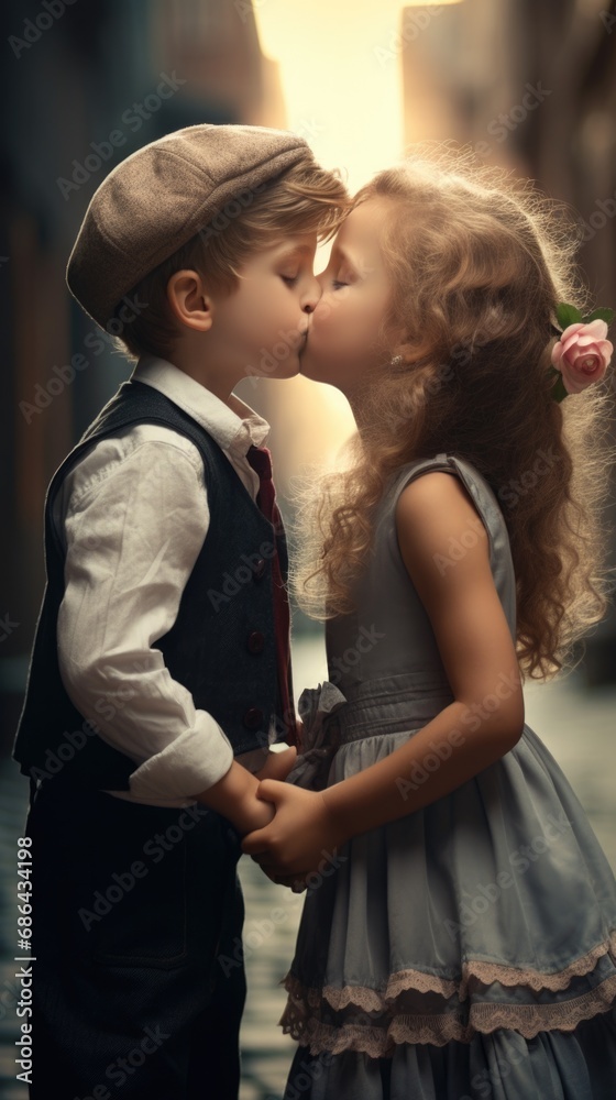 A sweet moment captured as a little boy and girl share a kiss in the street. Generative AI. A sweet moment captured as a little boy and girl share a kiss in the street. Generative AI.