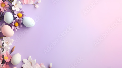 Easter eggs with spring flowers and leaves. Top flat view with pastel pink and white colors background. Banner of sweet dyed eggs for Passover with copy space