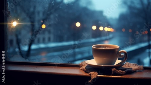 cup of coffee by the window during winter sunset. smooth looping virtual video animation background. Generated with AI