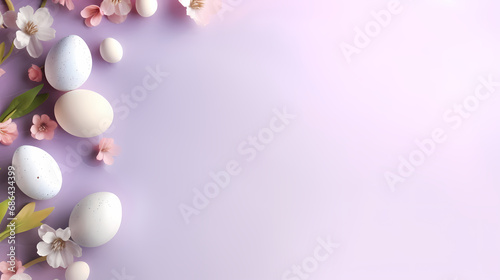 Easter eggs with spring flowers and leaves. Top flat view with pastel pink and white colors background. Banner of sweet dyed eggs for Passover with copy space