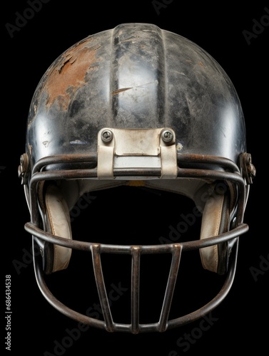 An old football helmet on a black background. Generative AI.