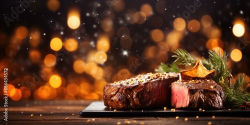 A festive steak adorned with Christmas decorations on a rustic wooden table, creating a warm and inviting holiday ambiance. Generative AI.