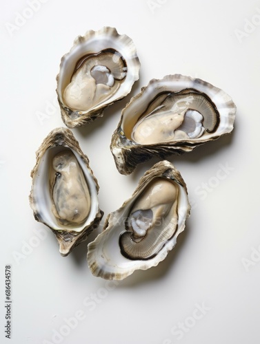 A close-up of four fresh oysters on a white background. Generative AI.