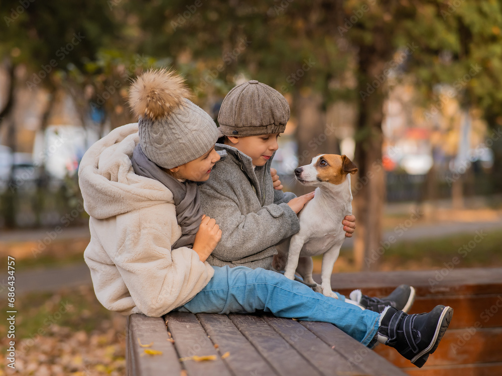 Fototapeta premium Brother and sister sit in an embrace with a dog on a bench for a walk in the autumn park. Boy, girl and jack russell terrier.