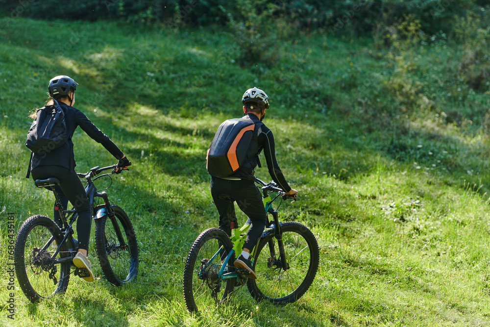 Fototapeta premium A blissful couple, adorned in professional cycling gear, enjoys a romantic bicycle ride through a park, surrounded by modern natural attractions, radiating love and happiness