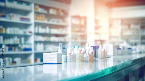 A drug store with medicine bottles lined up beautifully on the shelves. on a blurred background Concept of selling medicines, medical supplies, dietary supplements, medical equipment Close-up photo