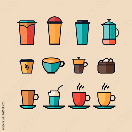 icon set of coffee or tea cup bottle and mug