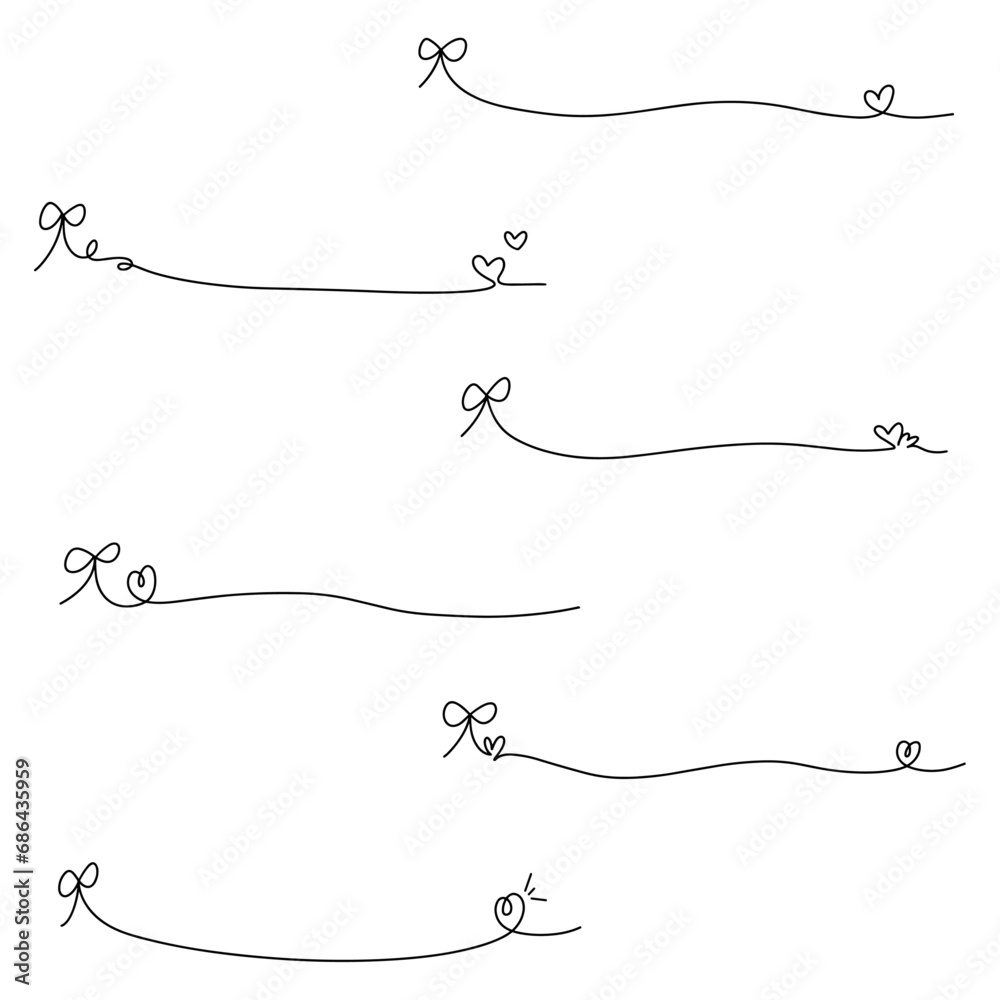 手書きのリボンとハートのラインセット 飾り罫 手書きのリボンとハートのラインセット 飾り罫
