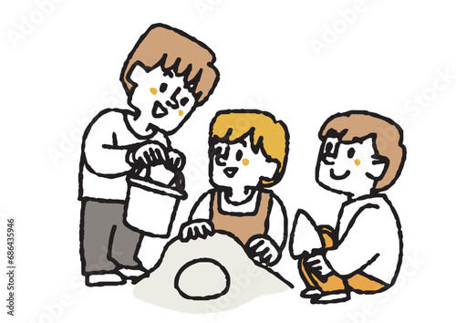 砂場で3人で遊んでいる子供たちのイラストセット　コミカルな手書きの人物　ベクター、線画にカラー
