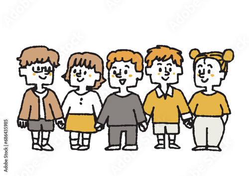 手を繋いで並んでいる5人の子供たちのイラスト コミカルな手書きの人物 ベクター、線画にカラー