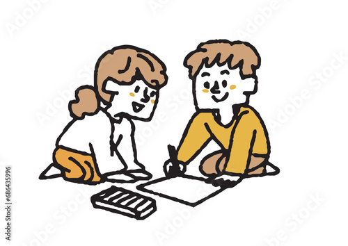 二人でお絵描きをしている子供たちのイラスト　コミカルな手書きの人物　ベクター、線画にカラー