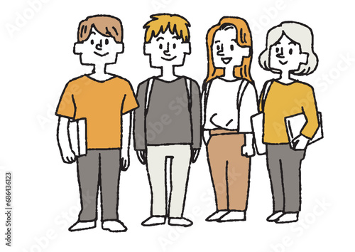 4人並んで立っている学生たちのイラスト　コミカルな手書きの人物　ベクター、線画にカラー