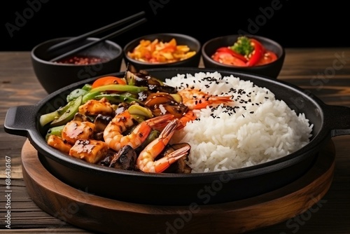 Seafood cooked with vegetables on rice in a black plate on wooden board. Generative AI