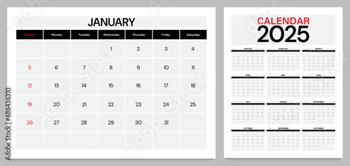 Calendar 2025 week start sunday corporate design template vector. photo