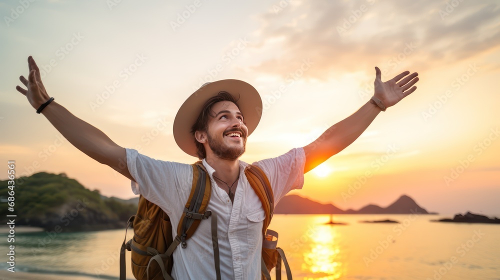 A Happy male traveler in hat and backpack raising arms on beach at sunset Delightful male traveler enjoying quiet time, travel and mental health. - obrazy, fototapety, plakaty 
