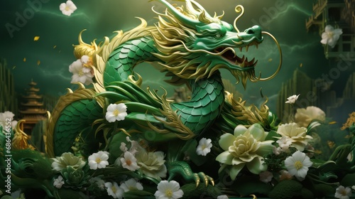 A 3D illustration for Powerful green 3D dragon Scary and awe-inspiring. Chinese 3D art. Chinese New Year 2024 concept. New Year greeting card background.