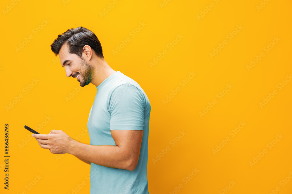 Man phone cyberspace communication portrait copy space smartphone smiling Man phone cyberspace communication portrait copy space smartphone smiling