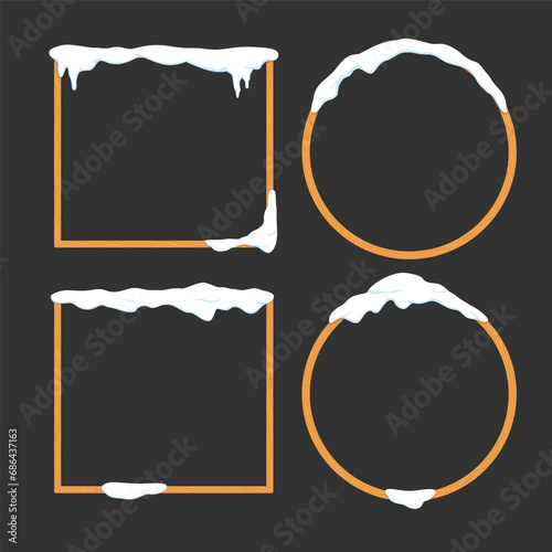 square rectangle and circle wooden frame with snow caps, winter vector design element decoration