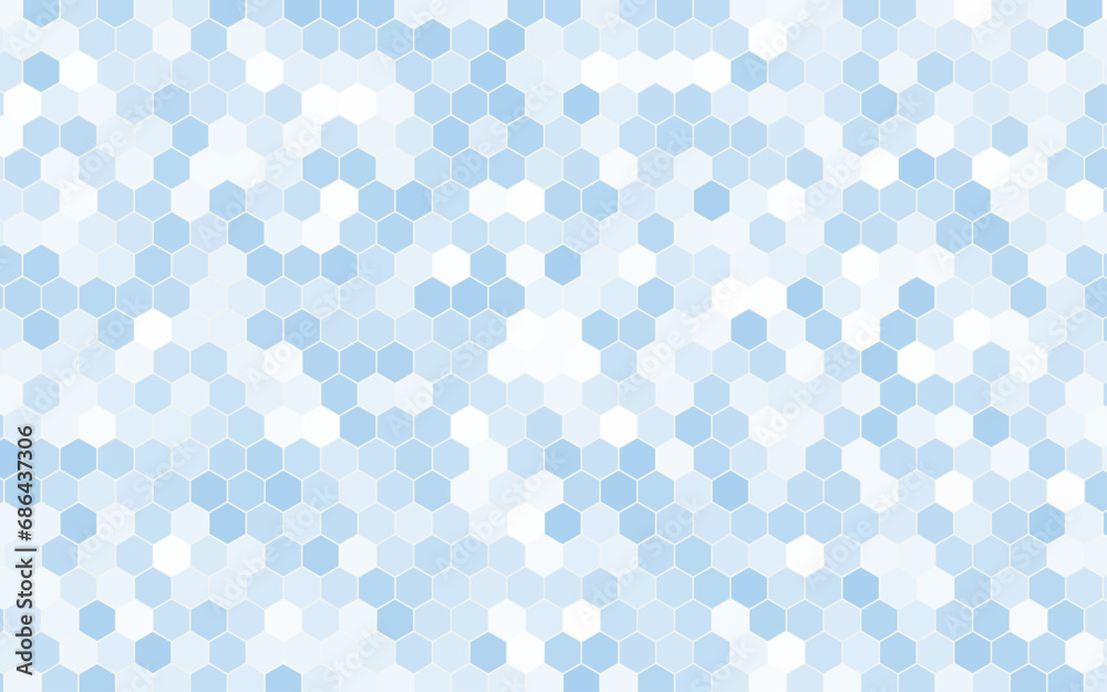 Blue and white mosaic seamless vector hexagonal pattern background.