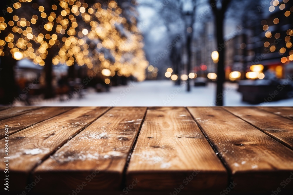 Wooden table covered with snow Empty space with an illuminated Christmas town square. Generative AI. - obrazy, fototapety, plakaty 
