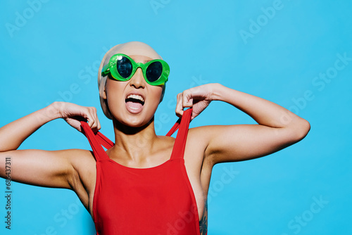 Portrait woman hat brunette swimsuit amazed asian smile trendy fashion sunglasses makeup beauty summer
