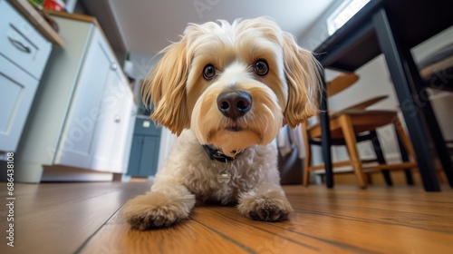 A dog sits on the kitchen floor looking at you pleadingly. Fish-eye lens. High-angle camera. photo