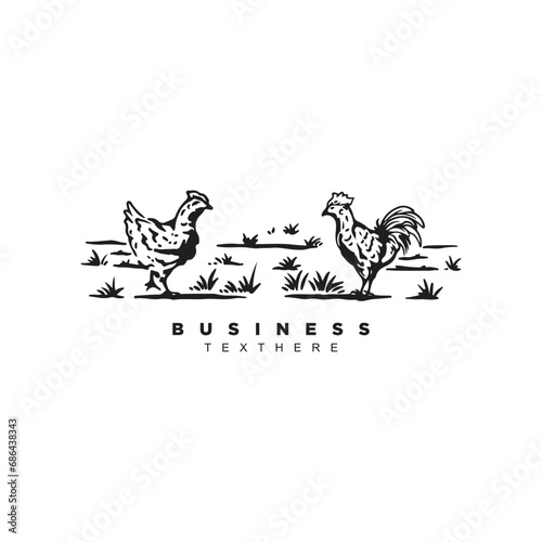 Vintage hand drawn two chicken rooster design isolated on white background