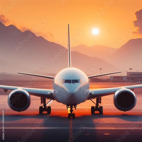 Airplane in the sunset at airport industry concept