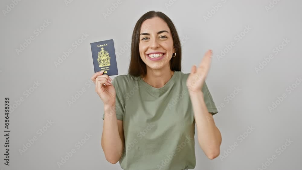Triumphant young hispanic woman celebrating win with cheerful smile! passport in hand, pure joy reflecting her achievement, on isolated white background. excitement as she preps for travel! Triumphant young hispanic woman celebrating win with cheerful smile! passport in hand, pure joy reflecting her achievement, on isolated white background. excitement as she preps for travel!