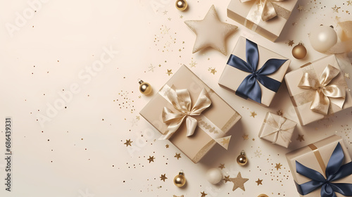 Delve into the gifts under the Christmas tree. Top view image showcasing artisanal gift boxes, elegant baubles, star-shaped candles, jingle bells, and glitzy confetti on a muted beige surface