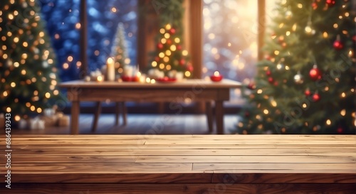 wooden table top for product display with christmas background