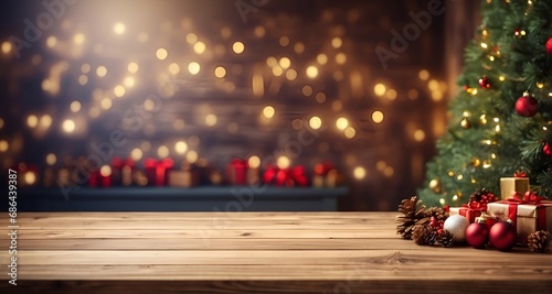 empty wooden table top for product display with christmas background, product placement, promotion, advertisement 