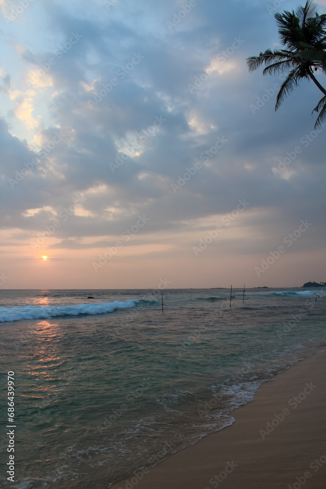 Beach with fishing spots on the island of Sri Lanka.