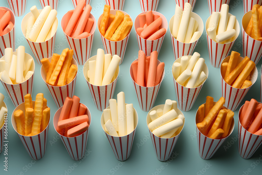 French fries and marshmallows on striped cones, above view.